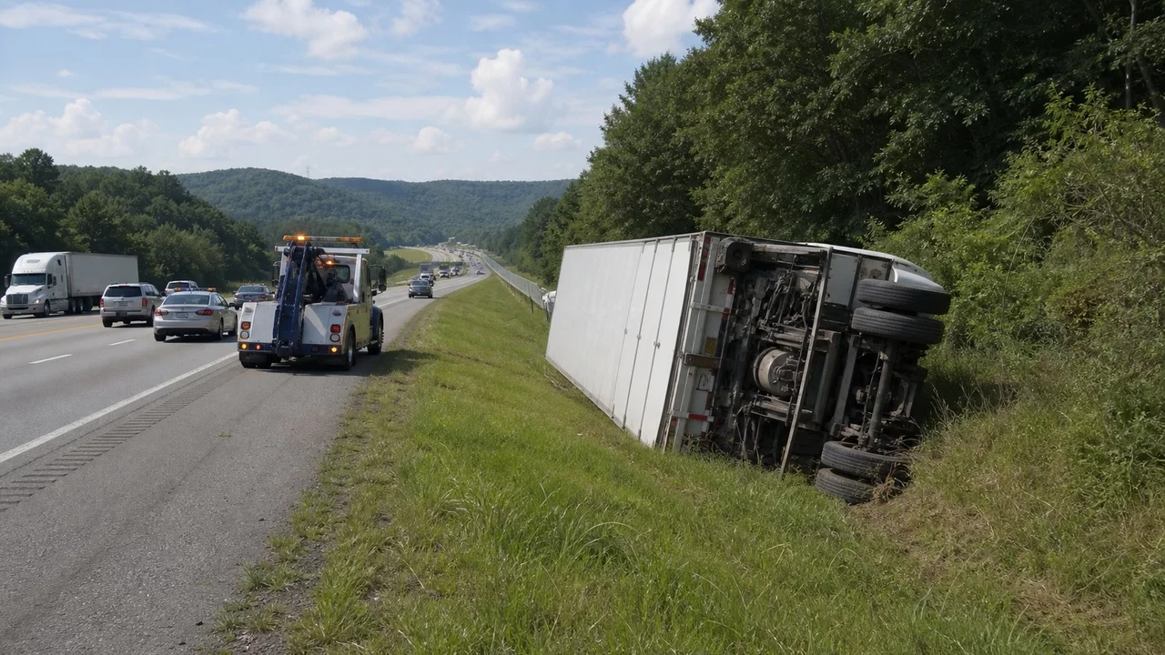 Tractor-Trailer Overturns on I-24 After Near Miss With Another 18-Wheeler