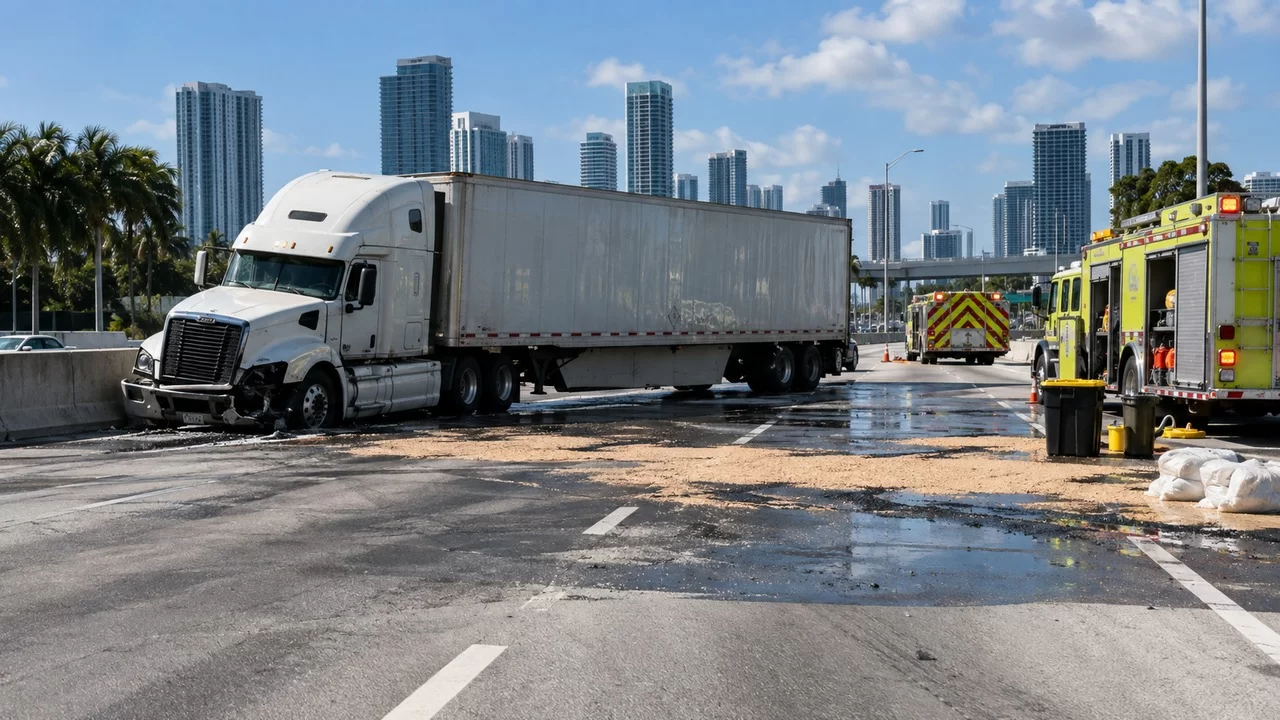 Tractor-Trailer Crash Spills Fuel on Dolphin Expressway