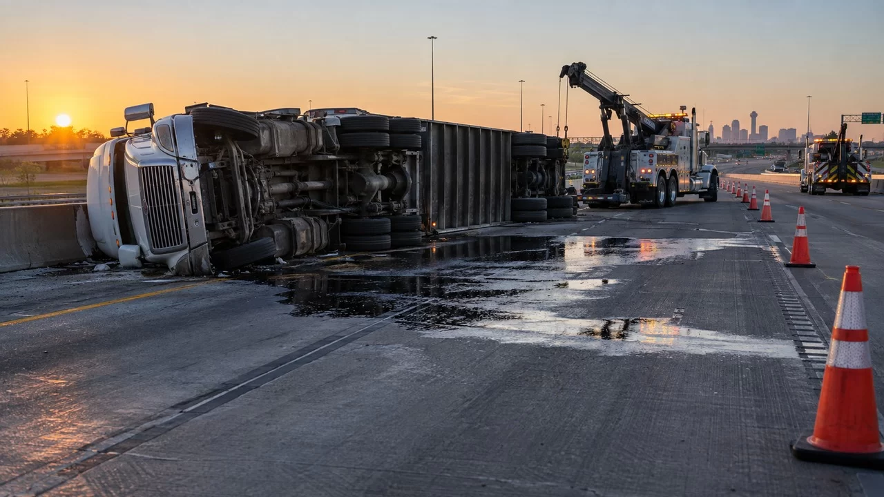 Overturned 18-Wheeler and Oil Spill Close I-30 in Royse City