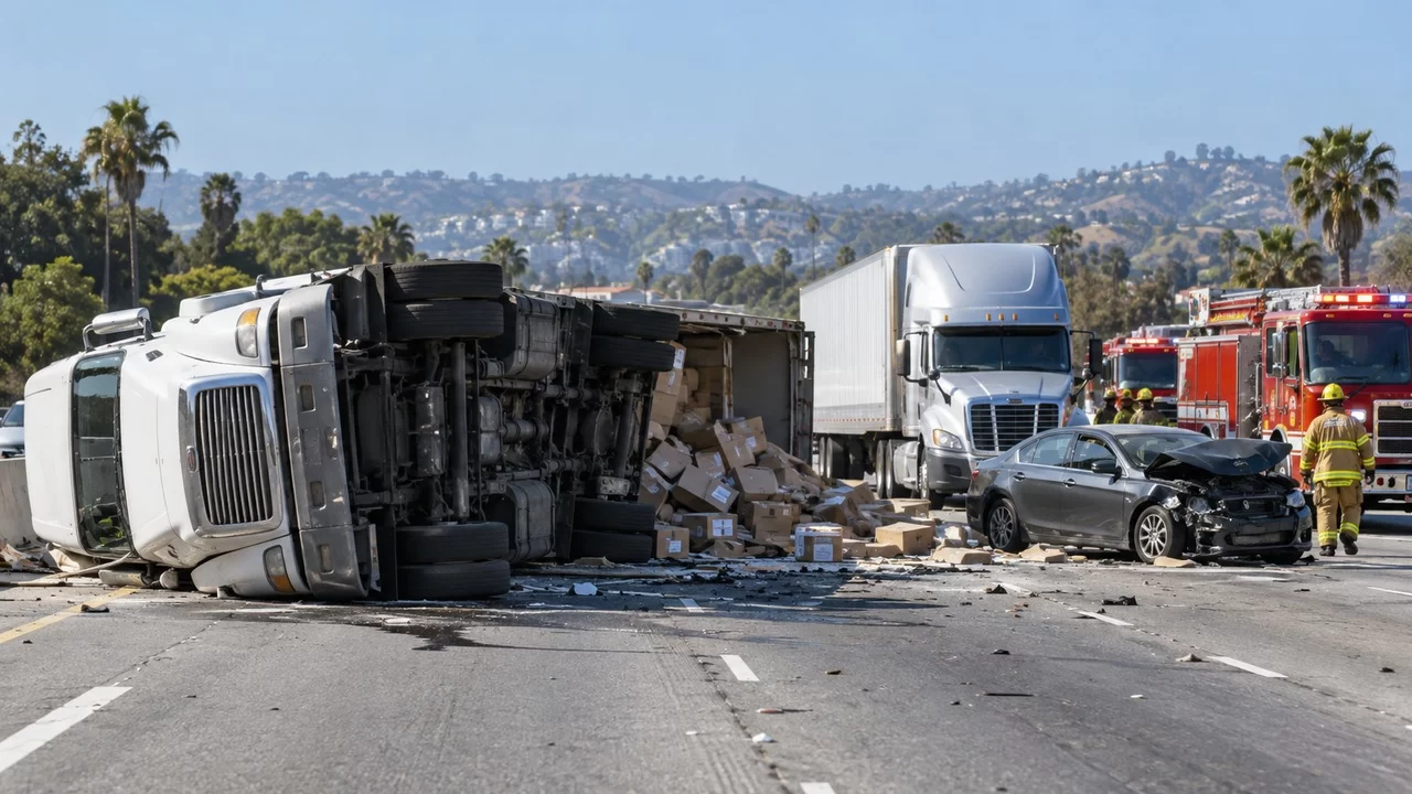 Three Injured After Two Big Rigs Collide on 210 Freeway