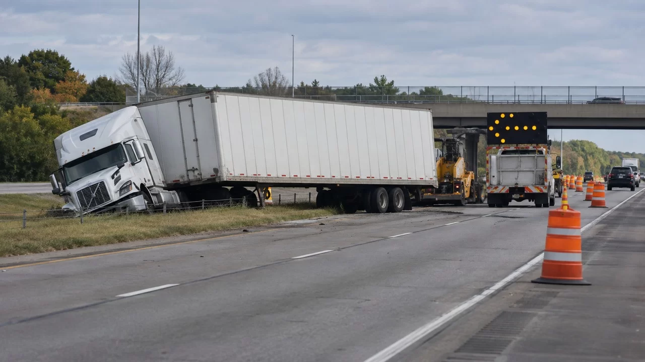 Semi Strikes MDOT Work-Crew Truck on I-196 in Casco Township