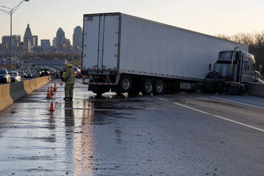 Semi-Truck Crash Spills Hydraulic Fluid and Closes I-70 in Kansas City