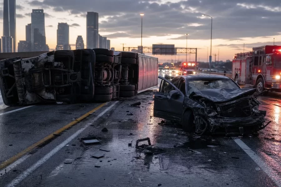 Two Killed After Overturned 18-Wheeler Lands on Car on Katy Freeway