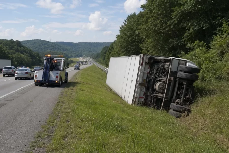 Tractor-Trailer Overturns on I-24 After Near Miss With Another 18-Wheeler