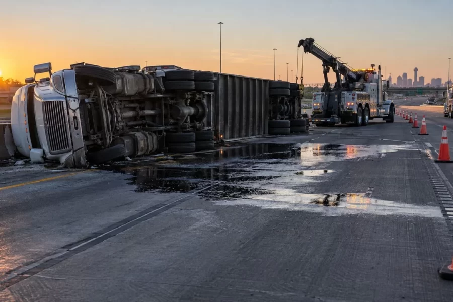 Overturned 18-Wheeler and Oil Spill Close I-30 in Royse City
